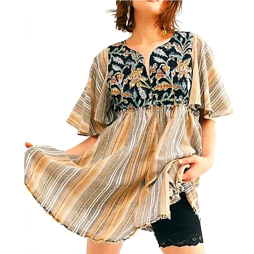 FreePeople BOHO under the sun stripe floral tunic top short sleeves yellow Small